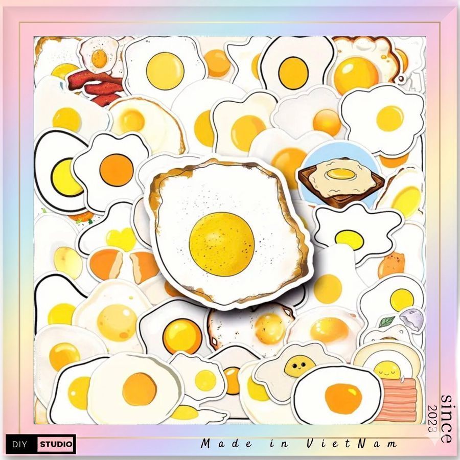 Bộ 100 sticker hình dán Trứng ốp la trang trí menu đồ ăn sổ tay notebook cực đẹp chống nước tốt phù hợp trang trí tiệmăn