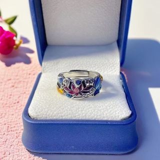 Nhẫn hoa sen Koi tráng men đầy màu sắc - Charm may mắn có thể điều chỉnh cho nữ