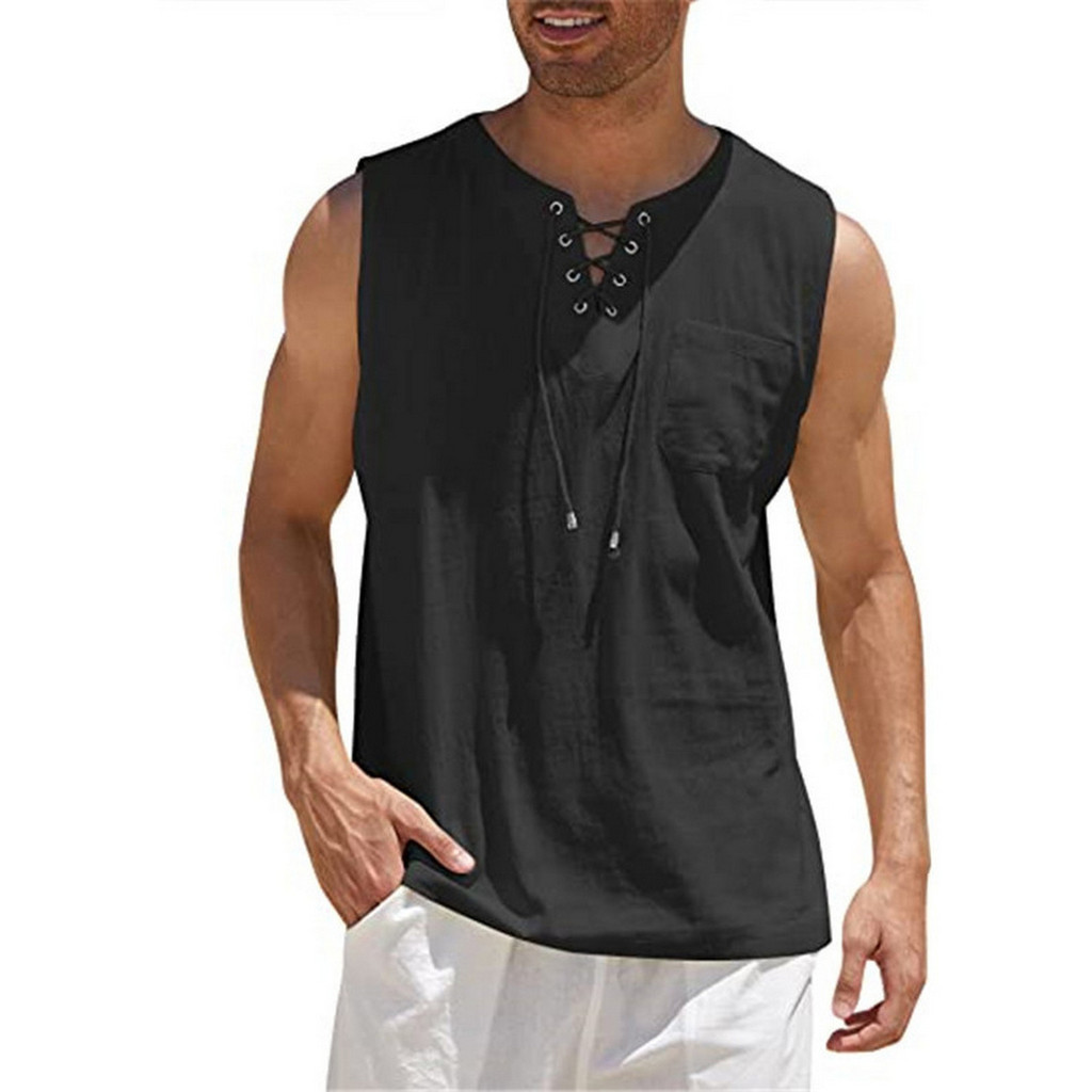 Áo thun nam từ cotton và vải lanh, thiết kế dây rút, dáng rộng thoải mái - Phù hợp mùa hè