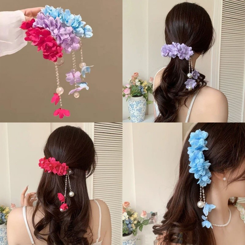 Kẹp Tóc Handmade Vải Camellia Nhiều Lớp Pleat với Ngọc Trai và Họa Tiết Hoa Mỏ Vịt