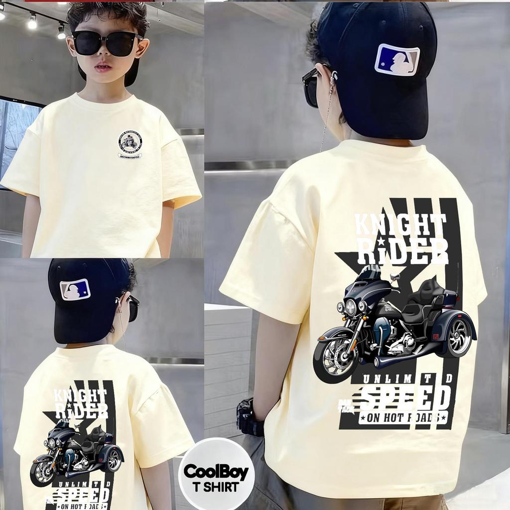 Bé trai 3-12 tuổi, áo thun ngắn tay, cổ tròn, thoải mái, mùa hè, 100% cotton, xe máy hoạt hình