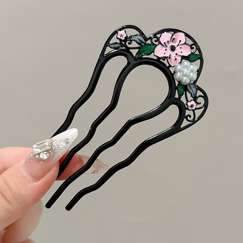 Kẹp tóc hình chữ U ngọc trai bốn gót chèn lược - Dụng cụ tiện lợi để cố định và làm đẹp mái tóc