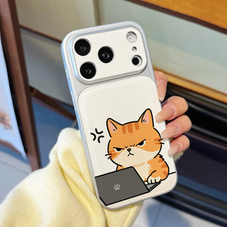 Ốp điện thoại Grumpy Puppy Cat Worker cho iPhone 17 / 16 / Pro Max / 15Plus / 14 / 13 / 12 / 11 / Kết cấu da phủ kim loại Vỏ bảo vệ chống sốc và chống rơi
