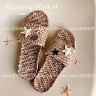Giảm giá hấp dẫn!Phong cách thích hợp độc quyền ~ Nút dễ thương Vỏ sao biển Nhật Bản Dép vải lanh ống hút phong cách mới Dép xỏ ngón bán chạy