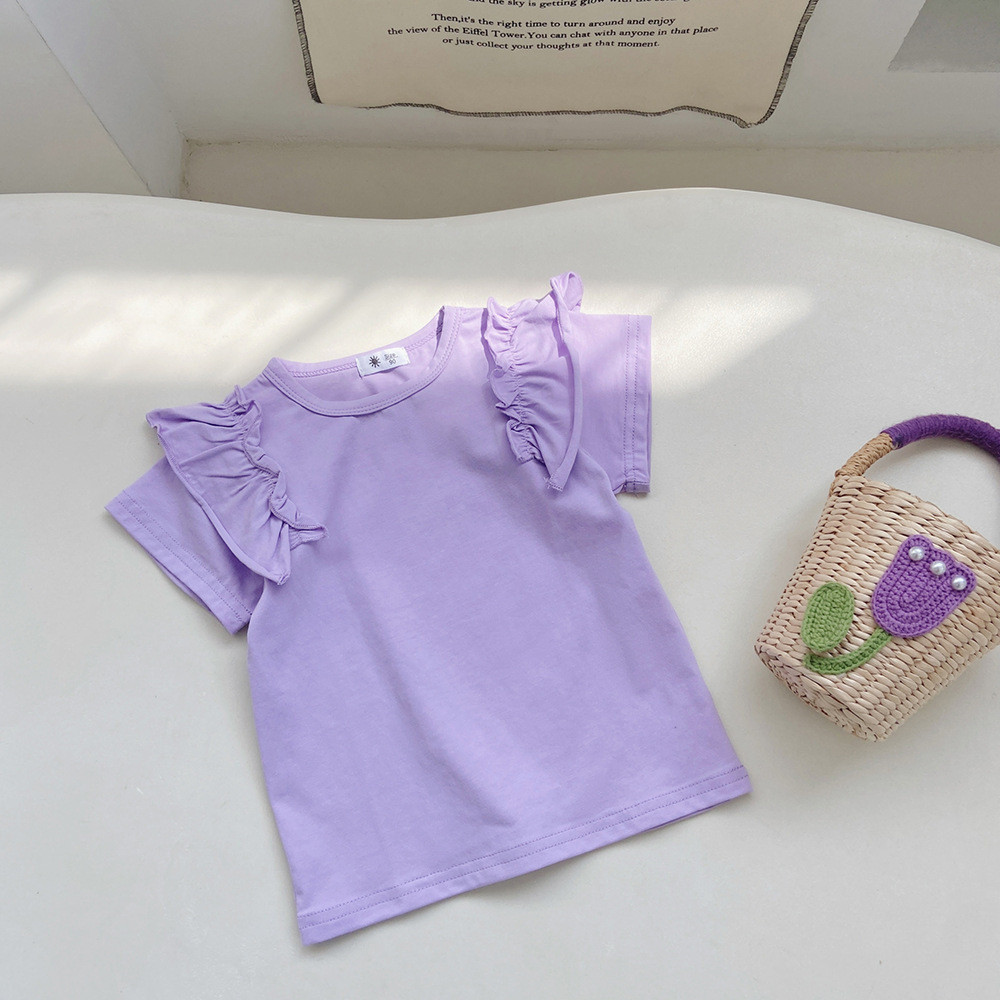 Bé Gái Xù Bay Tay Áo Thun Tay Ngắn Ngoại Thương Hàn Quốc Quần Áo Trẻ Em Hàng Có Sẵn 90-140 Size ARDW