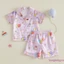 Bé Gái Tập Đi Sinh Nhật Satin Bộ Đồ Ngủ Bộ Bóng In Hình Bánh Ve Áo Tay Ngắn Nút Xuống Áo Có Quần Short Đồ Ngủ