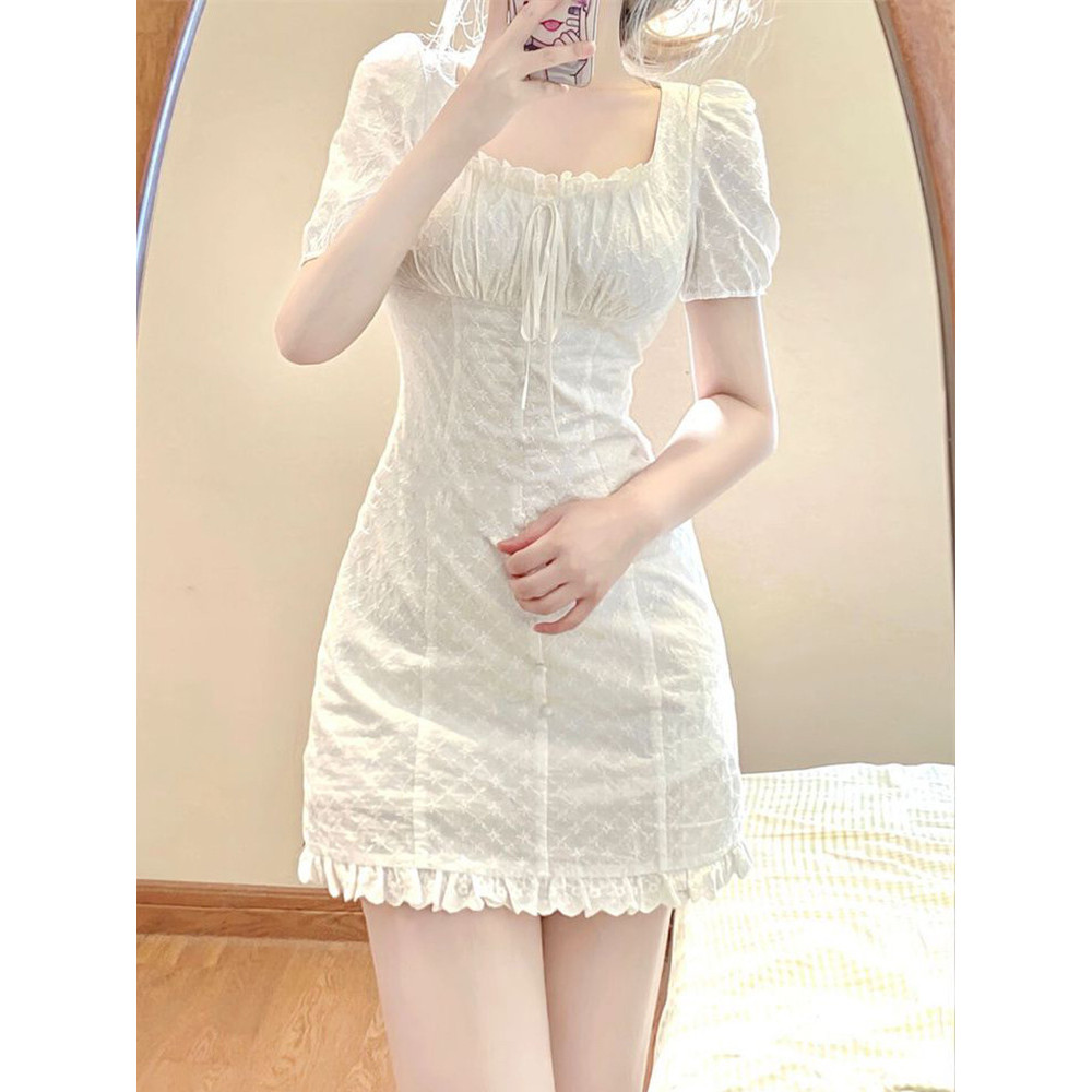Chiếc váy ren cổ vuông tay phồng ngọt ngào và quyến rũ dành cho nữ, thiết kế mùa hè, cỡ lớn, váy ngắn thanh lịch.