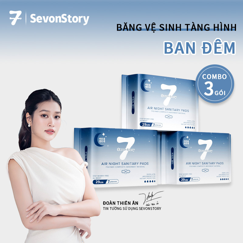 【SevonStory ⑦】Combo 3 gói ban đêm Băng vệ sinh  29cm (7 miếng/gói), tích hợp chip bạc hà mát lạnh dễ chịu. Hương hoa tinh tế, thơm nhẹ ,lưu hương lâu . Chất liệu mềm mại, thấm hút nhanh, chống tràn hiệu quả. Băng vệ sinh tàng hình .