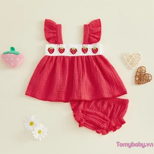 Trang phục mùa hè cho bé gái Áo bình sữa thêu dâu tây + Bộ quần short xù co giãn