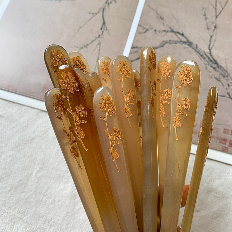 WHX-Hairpin {Fugui Peony} 17-20cm Móng vuốt sừng tự nhiên Khắc hoa mẫu đơn Kẹp tóc khắc hai mặt Handmade