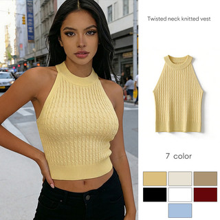 Áo vest dệt kim không tay cổ yếm thiết kế xoắn thời trang dành cho nữ.