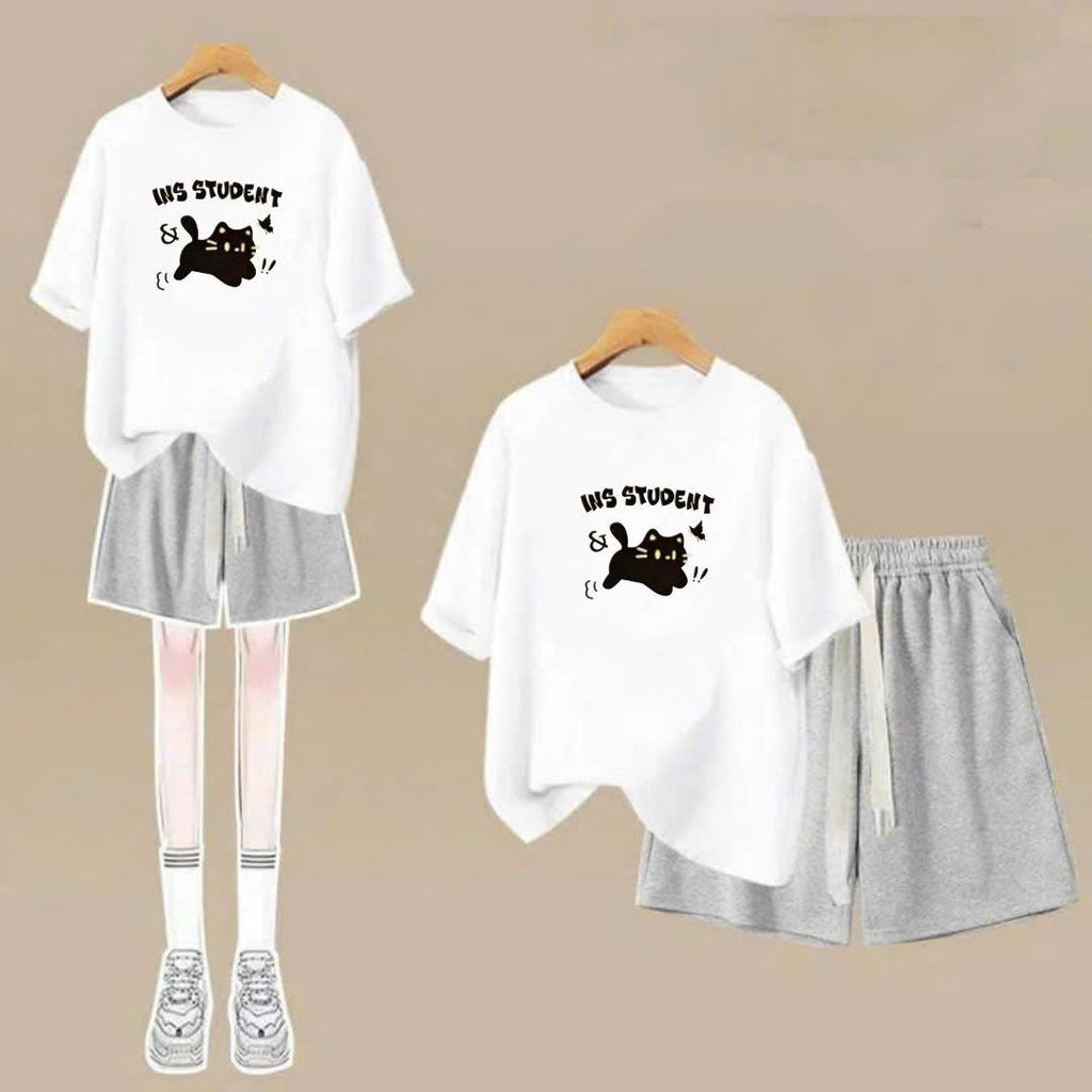 sét bộ quần đùi cộc dây to trơn xđậm+mix áo phông form rộng in hình mèo máy-shop thời thang thubio