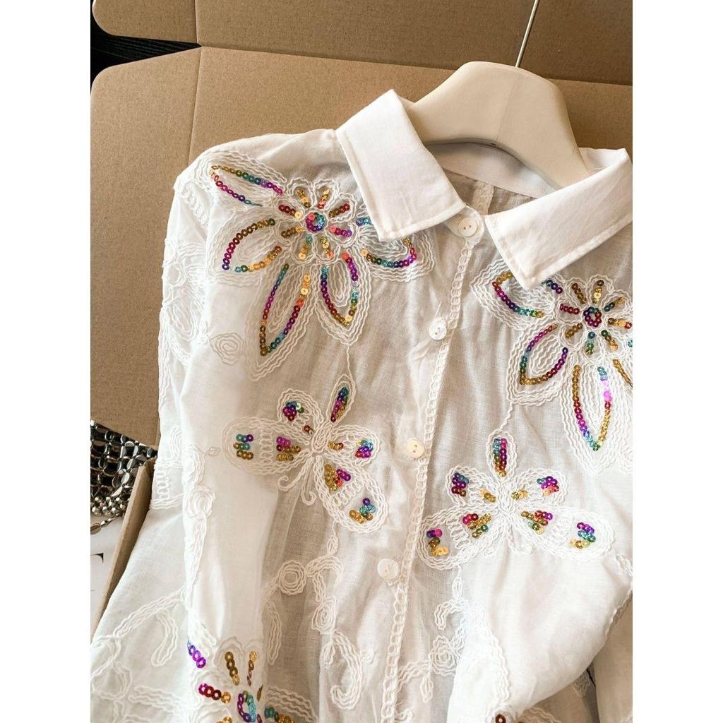 Áo sơ mi dài tay sequin thêu, thiết kế dáng rộng sang trọng cho nữ