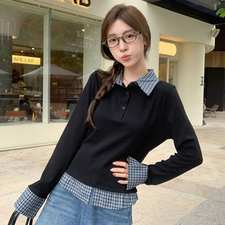 Áo thun hai mảnh giả phối ren, tay dài, cổ polo, dáng ôm cho nữ.