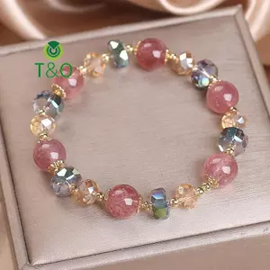 Vòng tay pha lê hình dâu tây màu hồng có đá đính cườm, thời trang và sang trọng - Quà tặng hoàn hảo cho buổi tiệc