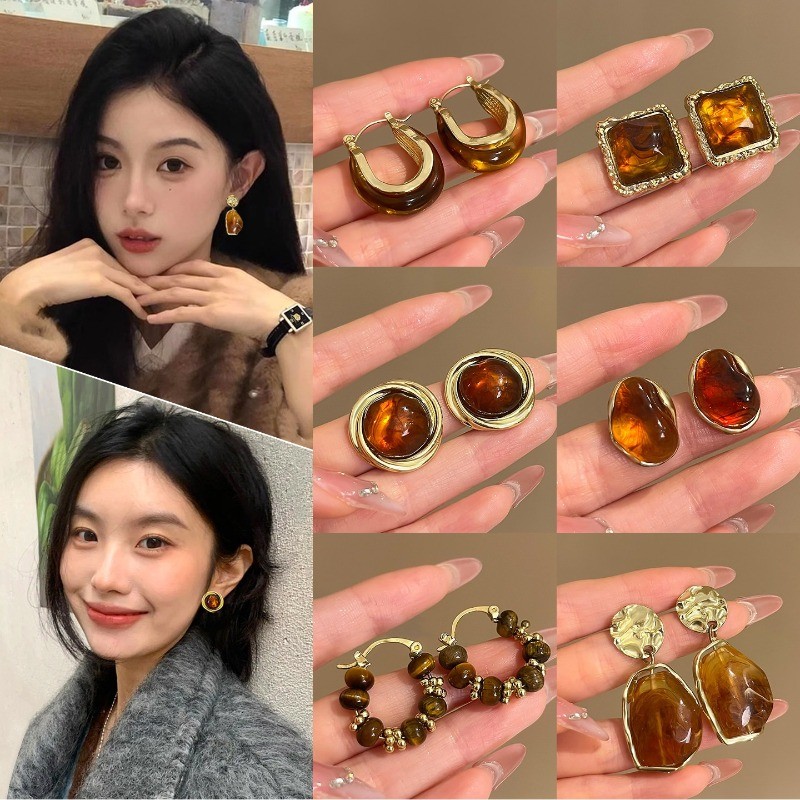 Bông tai màu cà phê retro phong cách Hàn Quốc, sang trọng phù hợp mọi cuộc gặp gỡ