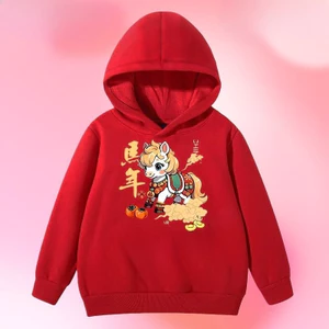 Áo nỉ có mũ trùm đầu màu đỏ cho trẻ em Chủ đề năm mới Nhẹ Áo Hoodie thường ngày Lễ hội hàng đầu