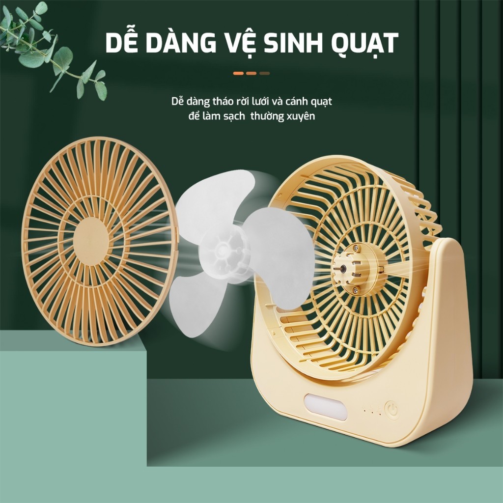 Quạt để bàn mini 3 chế độ gió, quạt tích điện ML-F2 có đèn, pin Li-on 2000mAh, kèm dây sạc USB
