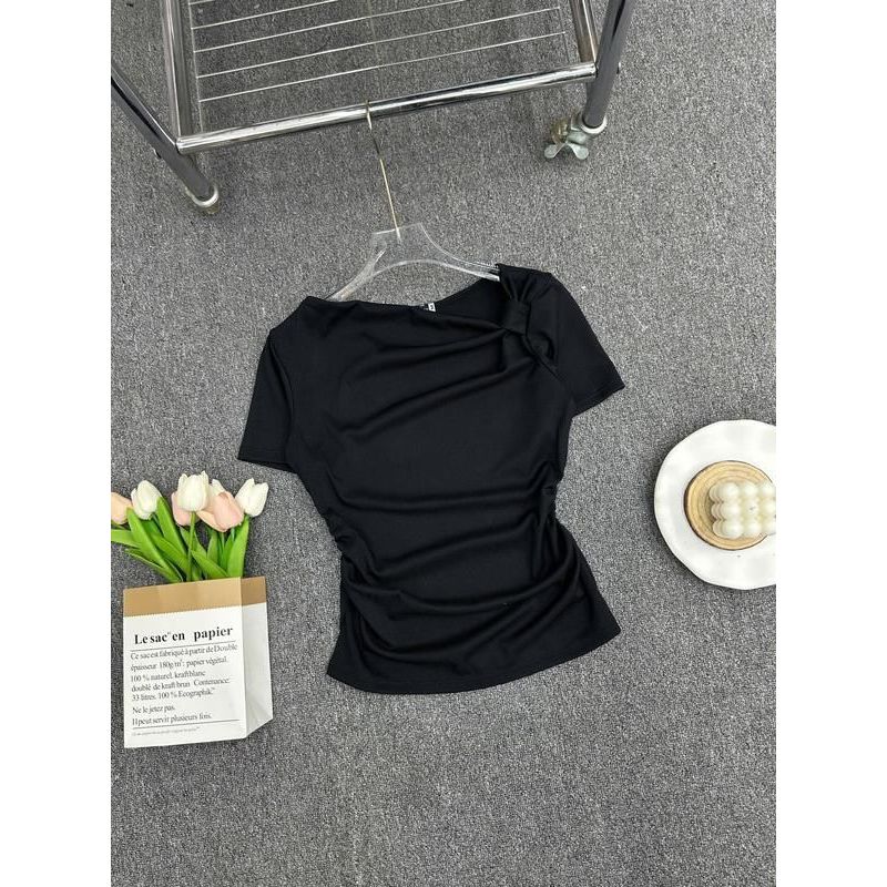 Áo Thun Tay Ngắn Cổ Lệch Thắt Nút Big Size ESHOP Áo Thun Nữ Chất Thun Gân Tăm Mềm Mát Co Giãn MS532