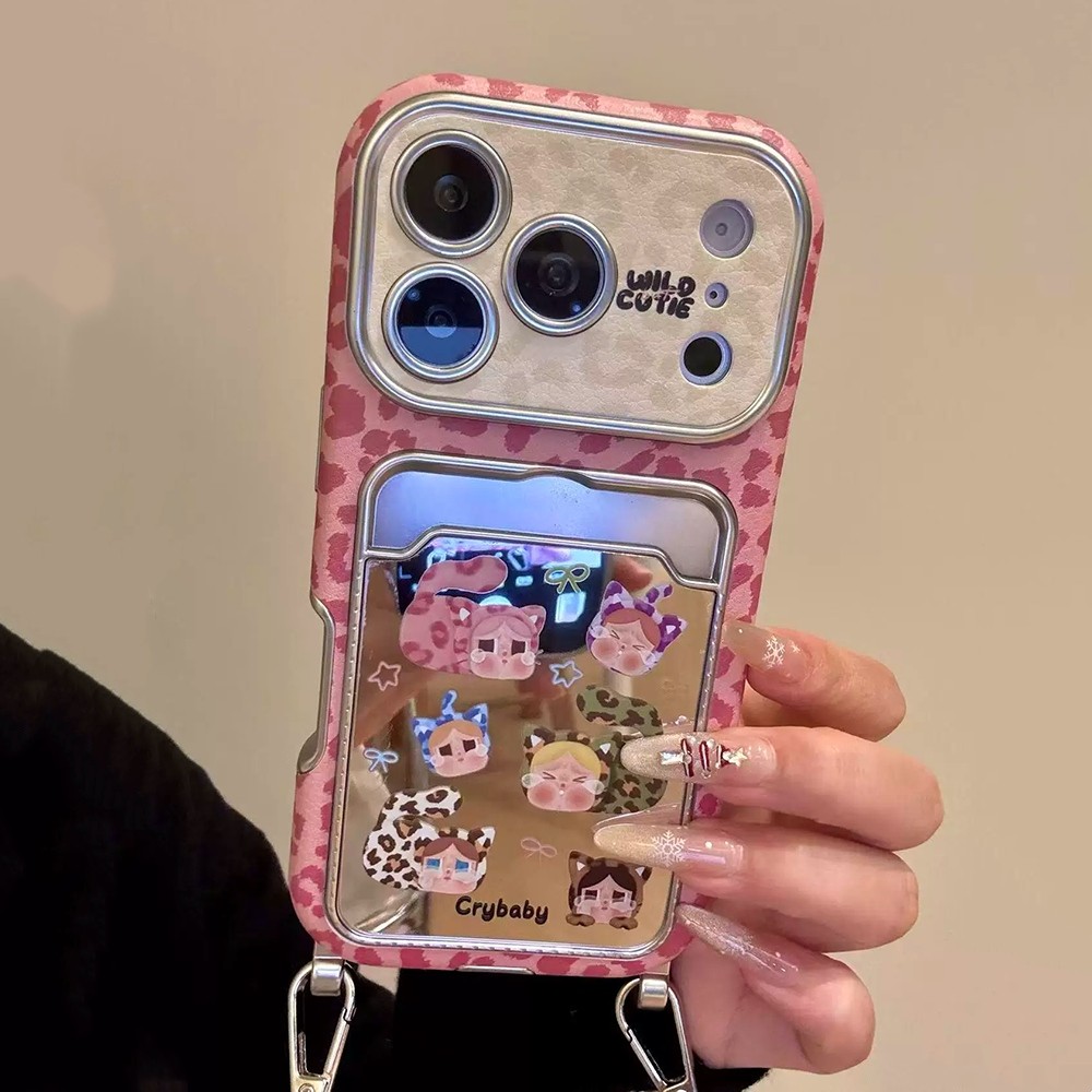 Da Báo In Hình Mèo Cô Gái Mặt Dây Chuyền Mạ Túi Đựng Thẻ Ốp Lưng Điện Thoại iPhone 17 Pro Max 16 15 14 13 Vỏ Bảo Vệ Chống Sốc