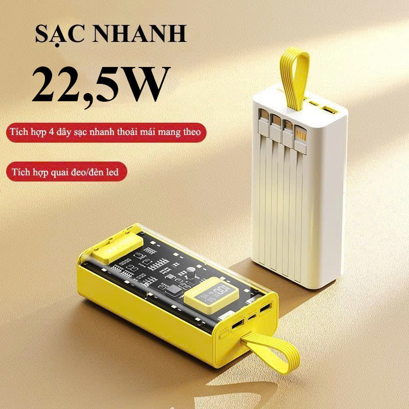 Sạc Dự Phòng 50000mAh Sạc Nhanh PD22,5W Trong Suốt Tích Hợp 4 Dây Sạc Tiện Lợi Đèn LED Chiếu Sáng