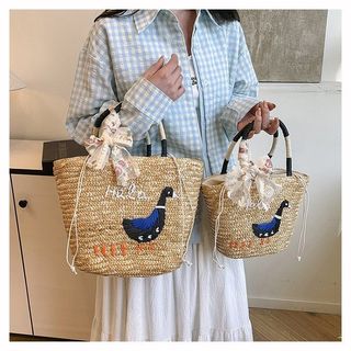 Cao Cấp Tay Thêu Vịt Dệt Túi ins Phong Cách Giải Trí Kỳ Nghỉ Rơm Túi Tote Du Lịch Tất Cả Trận Đấu Bãi Biển