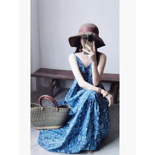 Váy dài cotton dây đeo phong cách kỳ nghỉ trẻ trung thanh lịch mùa hè cho nữ