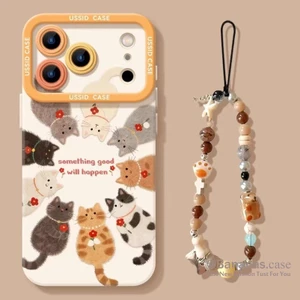 Ốp Điện Thoại Dự Tiệc Mèo Hoa Đỏ Dễ Thương + Dây Buộc Cho iPhone 17 16 15 14 13 12 11 Pro Max X Xr Xs Max 7 8 Plus SE2020