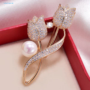 Trâm cài hoa tulip thổ cẩm với kim cương giả và ngọc trai lấp lánh - Trang trí và bảo vệ quần áo & túi xách