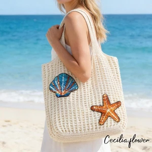 Túi đeo vai dệt kim nữ Sequined Seashell Starfish Patch Tote dệt lớn