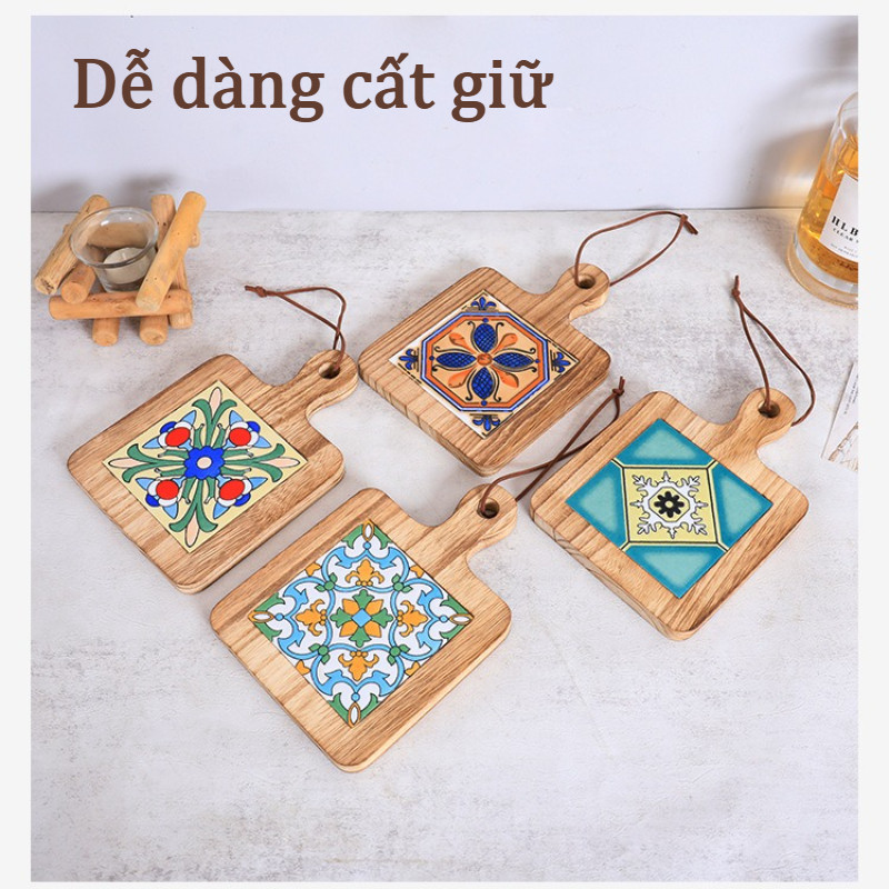 Lót nồi gỗ tự nhiên màu nâu cách nhiệt tốt,Miếng Lót Nồi Chống Trượt Chịu Nhiệt Tốt, Có Dây Treo,lót ly họa tiết hoa