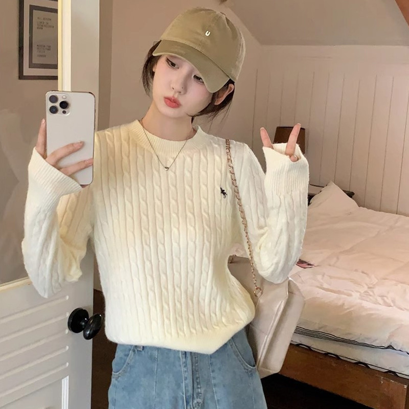 【dynamar】Áo Len Nữ Dệt Kim, Áo Sweater Dệt Kim Vặn Xoắn, Áo Len Cổ Tròn Tay Dài Màu Trơn Hàng Loại
