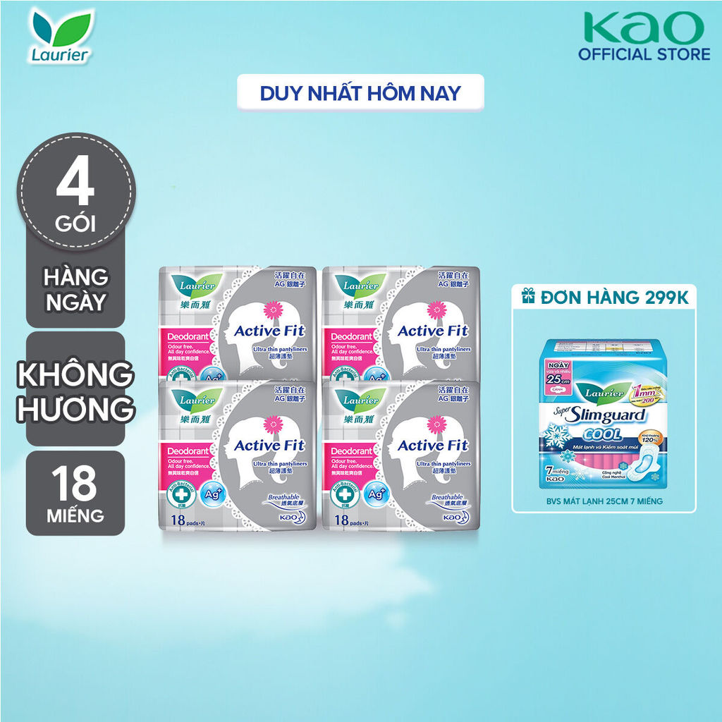 Combo 4 Băng vệ sinh hàng ngày Laurier Active Fit khử mùi kháng khuẩn 18 miếng