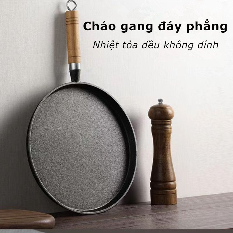 chảo gang chống dính đáy dày tay gỗ cách nhiệt rán bánh xèo bít tết bếp từ đa năng