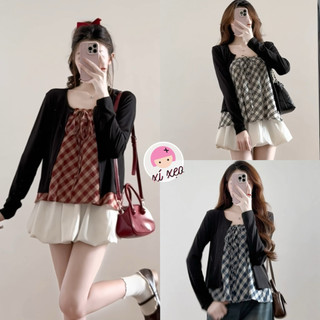 Set áo 2 dây kẻ kèm áo cardigan dài tay phong cách Hàn Quốc, Set áo kẻ Tiểu Thư Siêu Xinh