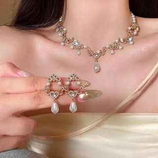 Bộ Trang Sức Dây Chuyền Và Bông Tai Ngọc Trai Đính Đá Phong Cách Cung Đình Cổ Điển Sang Trọng Cho Nữ