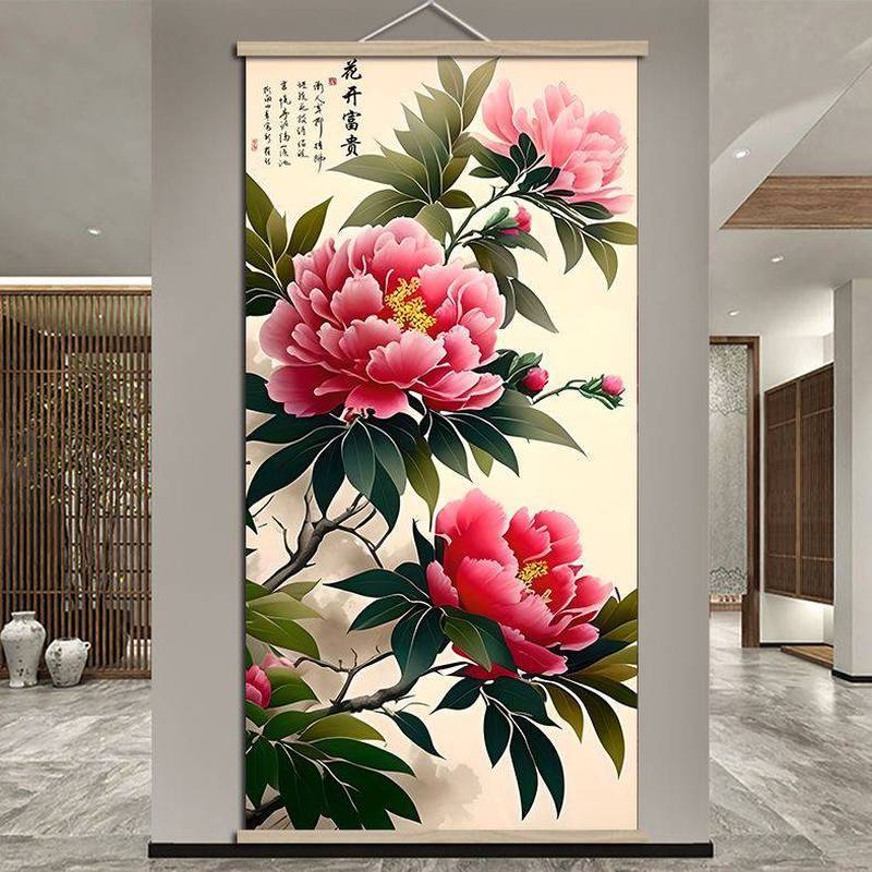 Hoa Mẫu Đơn Tranh Nở Sự Giàu Có Dọc Phong Cách Trung Quốc Tài Lộc Thu Hút Trang Trí Nhà Tranh Canvas