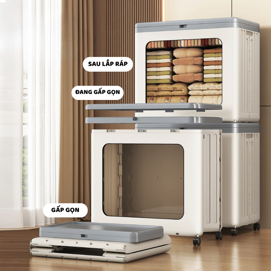Thùng Đựng Quần Áo Gấp Gọn ENODA HOME, Hộp Nhựa Lớn Nắp Lật Cửa Trong Suốt Lưu Trữ Quần Áo Có Bánh Xe Q431