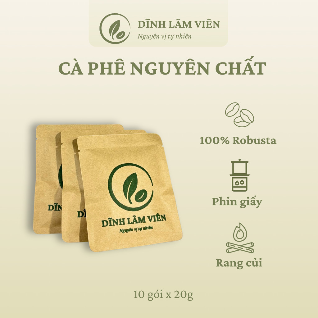 Cà phê Robusta Gia Lai phin giấy rang củi nguyên chất 10 gói x 20g | Dĩnh Lâm Viên