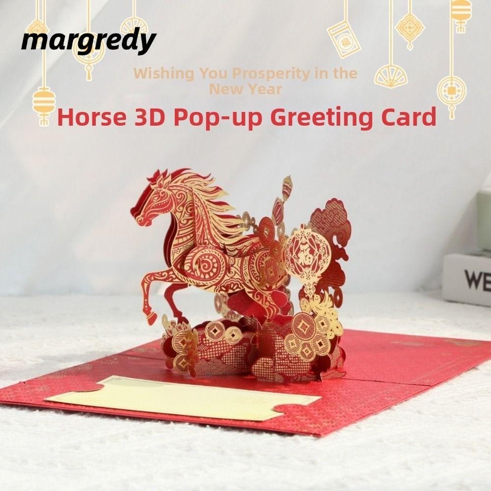 Thiệp Tết Nguyên Đán MARGREDY, Thẻ bật lên thủ công may mắn năm con ngựa, với lá vàng tuyệt đẹp Bao gồm phong bì & viết Chèn quà tặng năm âm lịch