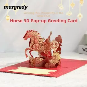 Thiệp Tết Nguyên Đán MARGREDY, Thẻ bật lên thủ công may mắn năm con ngựa, với lá vàng tuyệt đẹp Bao gồm phong bì & viết Chèn quà tặng năm âm lịch