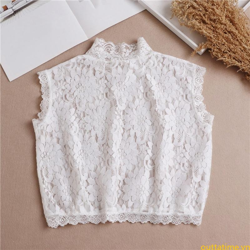 Áo sơ mi nữ ren hoa, cổ giả cổ rùa kèm dickey tháo rời
