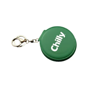 Móc chìa khóa hình gương Chilly bằng sắt, chất liệu gương inox, vỏ ngoài vải giả da PU in logo 9*9cm