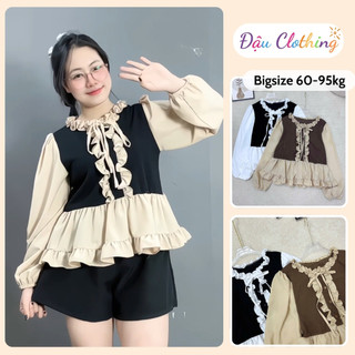 Áo Babydoll Tiểu Thư Bigsize Nữ Vải Nỉ Tăm Phối Voan Mềm Tay Dài Cổ Bèo Dễ Thương Vintage A336