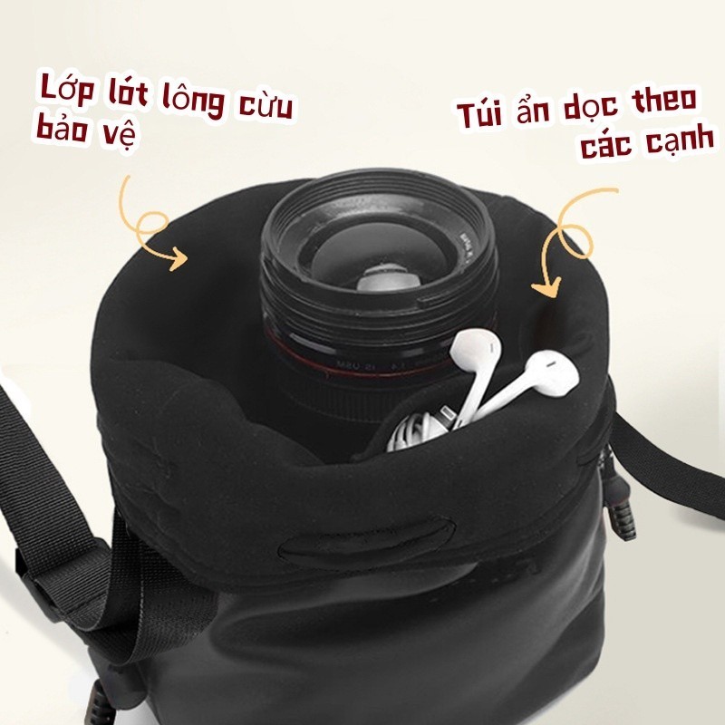 Túi chống sốc máy ảnh bằng da sang trọng,Lót nỉ dày, kèm dây đeo,chống nước,Có dây rút