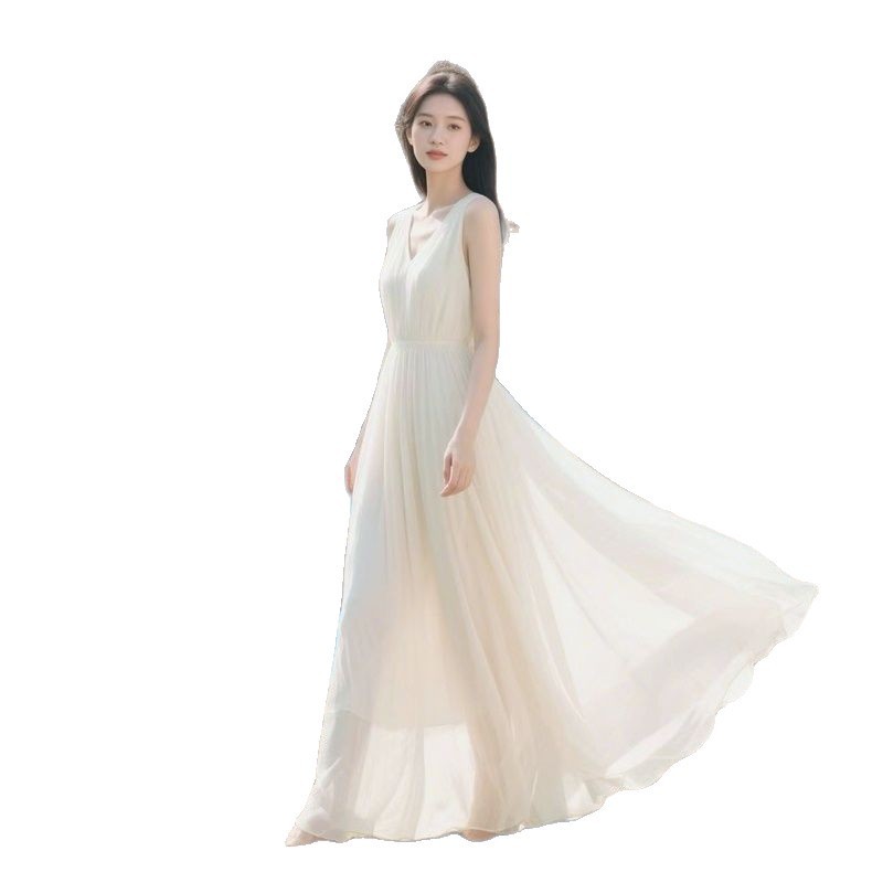 Váy dài kiểu mới với tà rộng, không tay, thanh lịch, tôn dáng, váy đi biển, thời trang voan Chaimiya cho kỳ nghỉ.