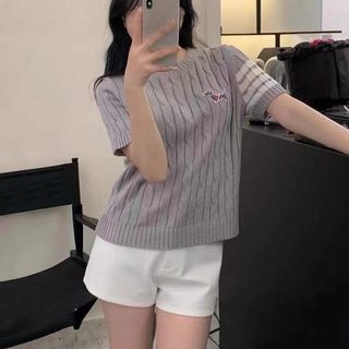 Nova-Áo Cổ Tròn Đan Thừng Thêu Cún,Phối Sọc Tay Hàng QC 4 Màu