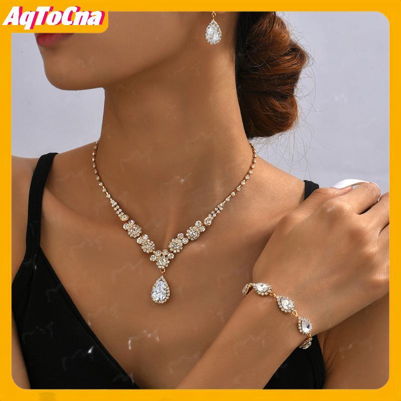 AqToCna Trang Sức Cưới Sang Trọng - Set 3 Món Zircon gồm Vòng Tay và Bông Tai