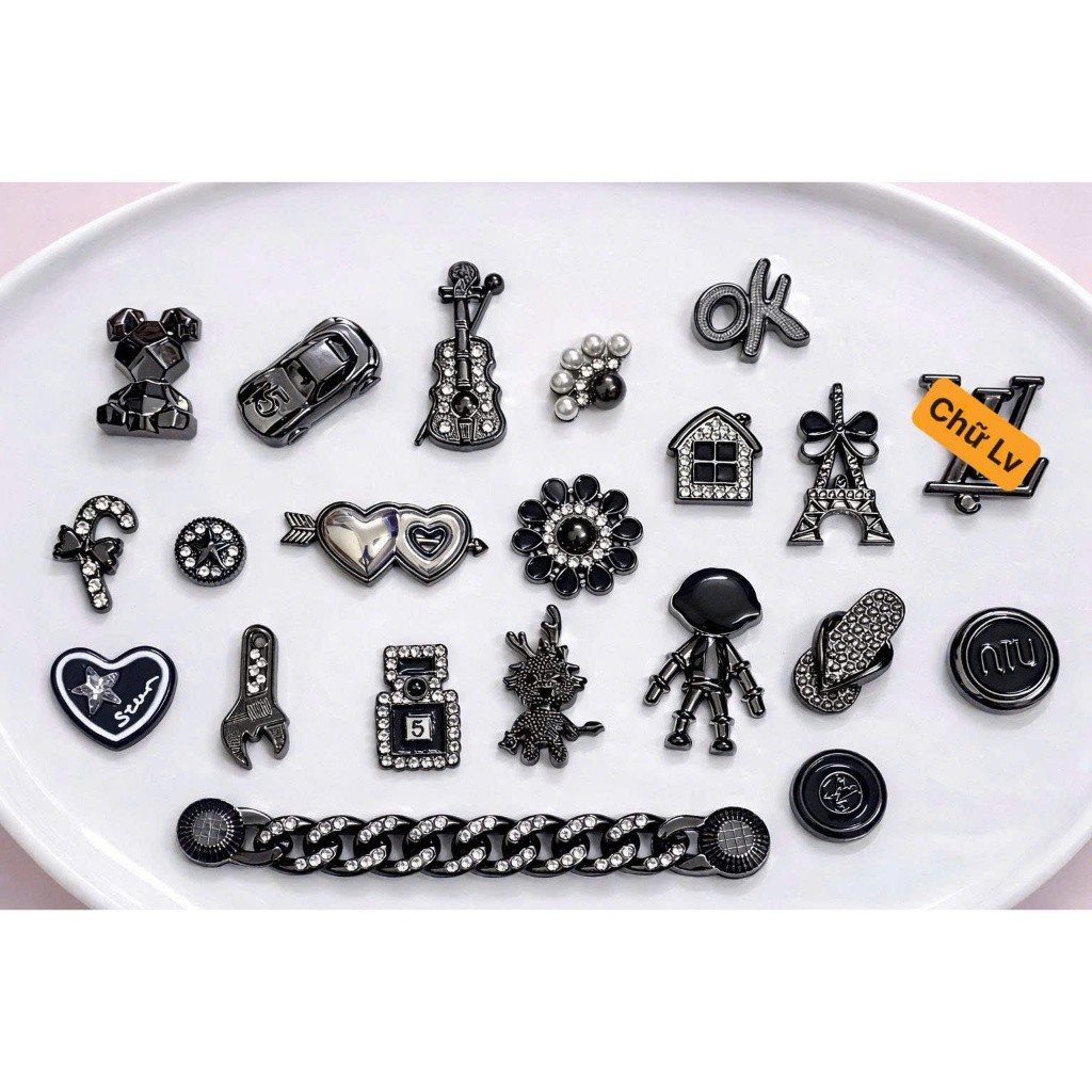 Set Charm Black Luxury Icon Cao Cấp, Charm Đen Đính Đá Sang Chảnh, Trang Trí Dép Túi Xách Phong Cách Thời Trang, Hot Tre