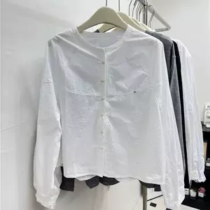 Áo sơ mi dài tay cổ tròn dáng rộng sang trọng phong cách đơn giản dành cho nữ Áo sơ mi trắng mùa thu Áo sơ mi nhỏ